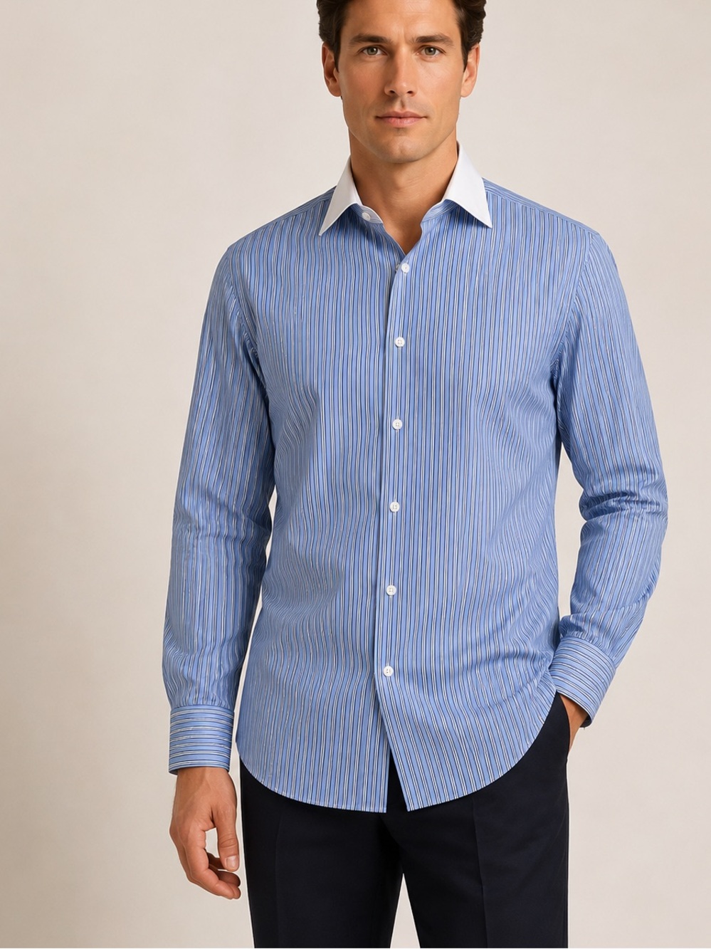 Ralph Lauren Blue Striped Dress Shirt with White Contrast Collar